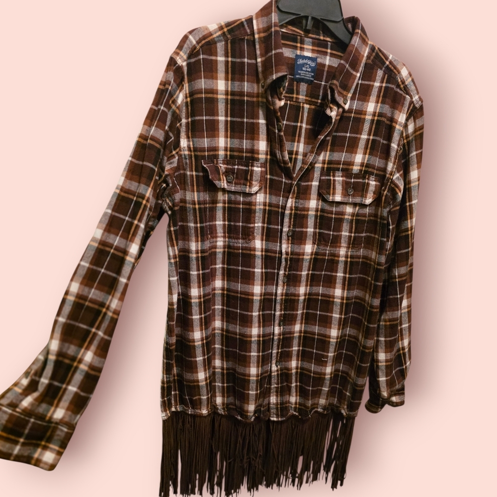 ✌️Brown Plaid Long Shirt W Fringe